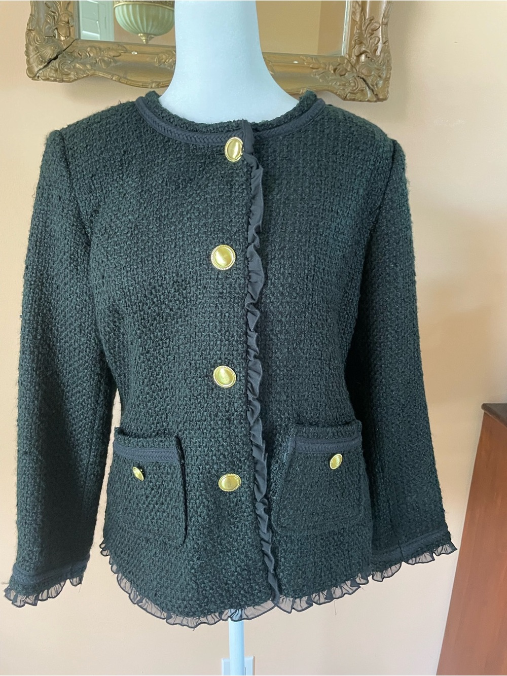 80s Joan Rivers Lacy Trim Classic Black Bouclé Jacket with Gold Buttons. S6